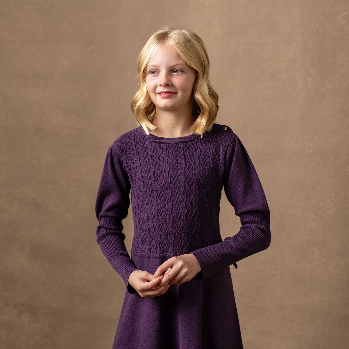 Hope and Henry Organic Cable Bodice Sweater Dress – Plum Heather Cable Bodice