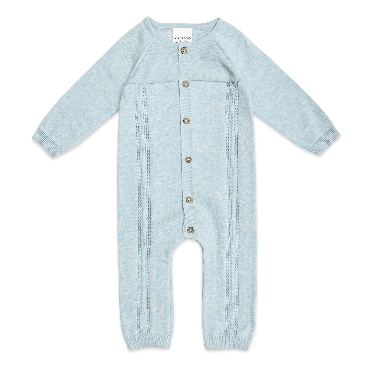 viverano button front long sleeve baby blue pointelle jumpsuit, romper, playsuit, sweater knit, organic, boy, girl