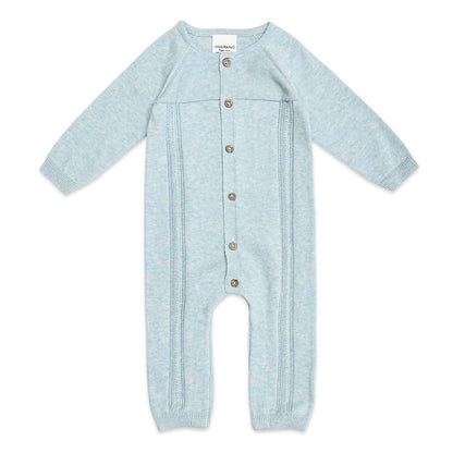 viverano button front long sleeve baby blue pointelle jumpsuit, romper, playsuit, sweater knit, organic, boy, girl