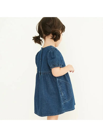 MyKids USA Baby Girl Solid Color Puff Sleeve Loose Denim Dress – Blue