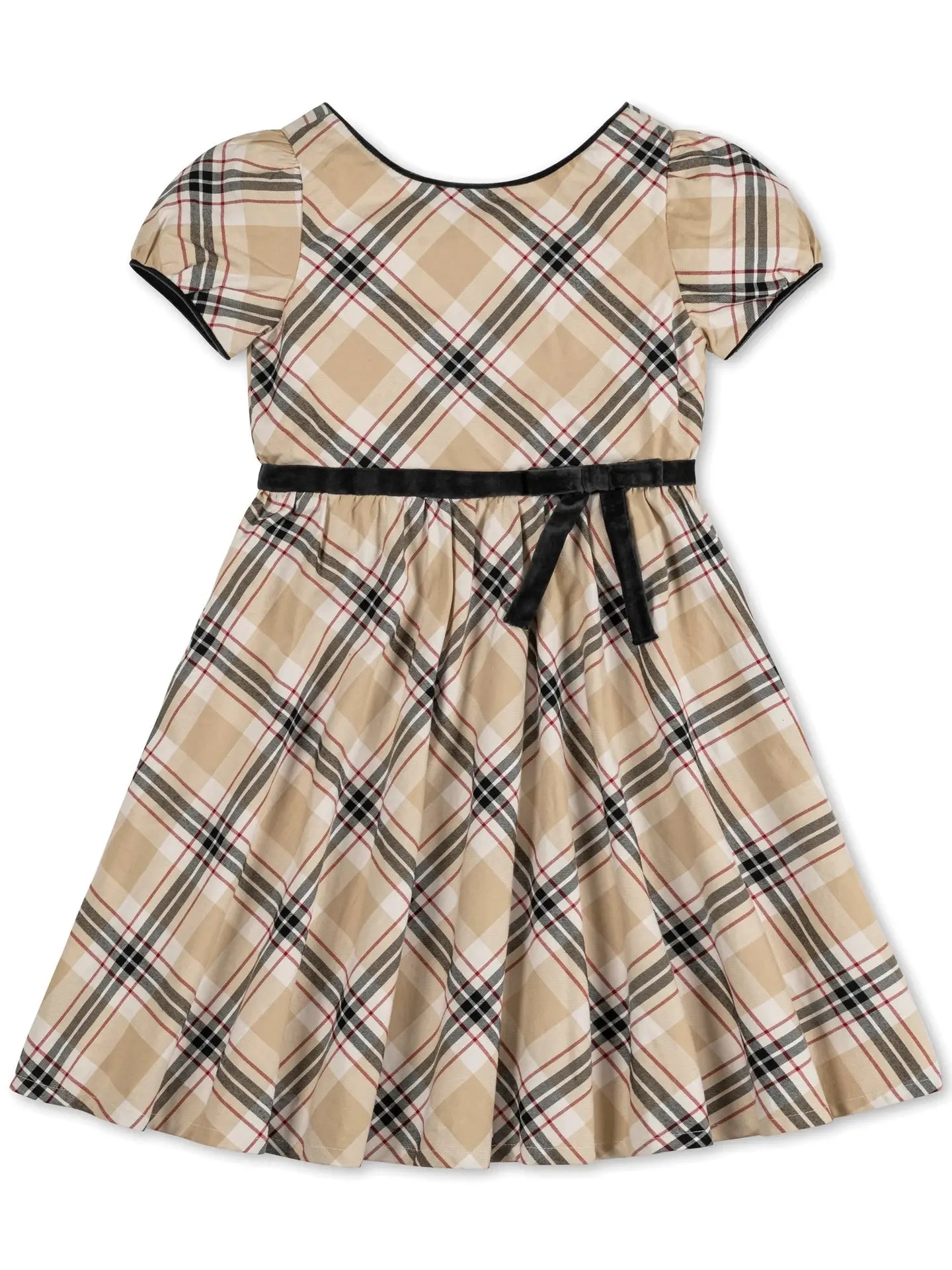 little girl, holiday, dress, camel, black, red plaid, bow detail, puff sleeve, cap sleeves knee length