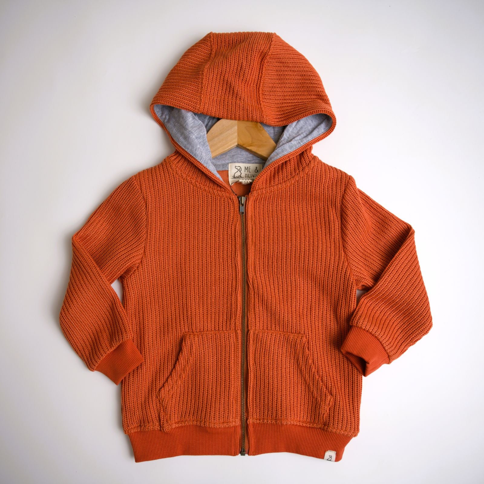 Me & Henry children's boy's hooded sweatshirt with knit lined zippered front. Fall colors, pumpkin, burnt orange, gray lining.