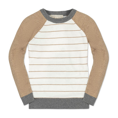hope and henry boys organic raglan sweater, tan, white stripe, gray collar