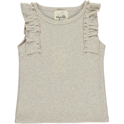 Vignette, Raj, oatmeal, tank top, little girl, beige, tan, baby, toddler, cotton, ribbed, ruffles