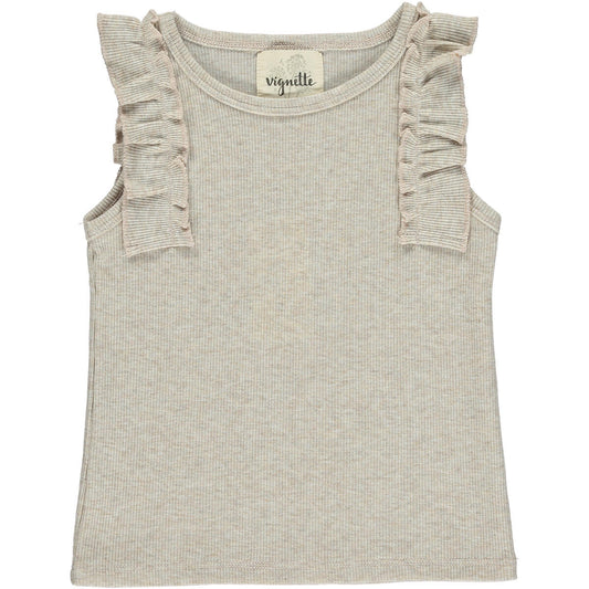 Vignette, Raj, oatmeal, tank top, little girl, beige, tan, baby, toddler, cotton, ribbed, ruffles