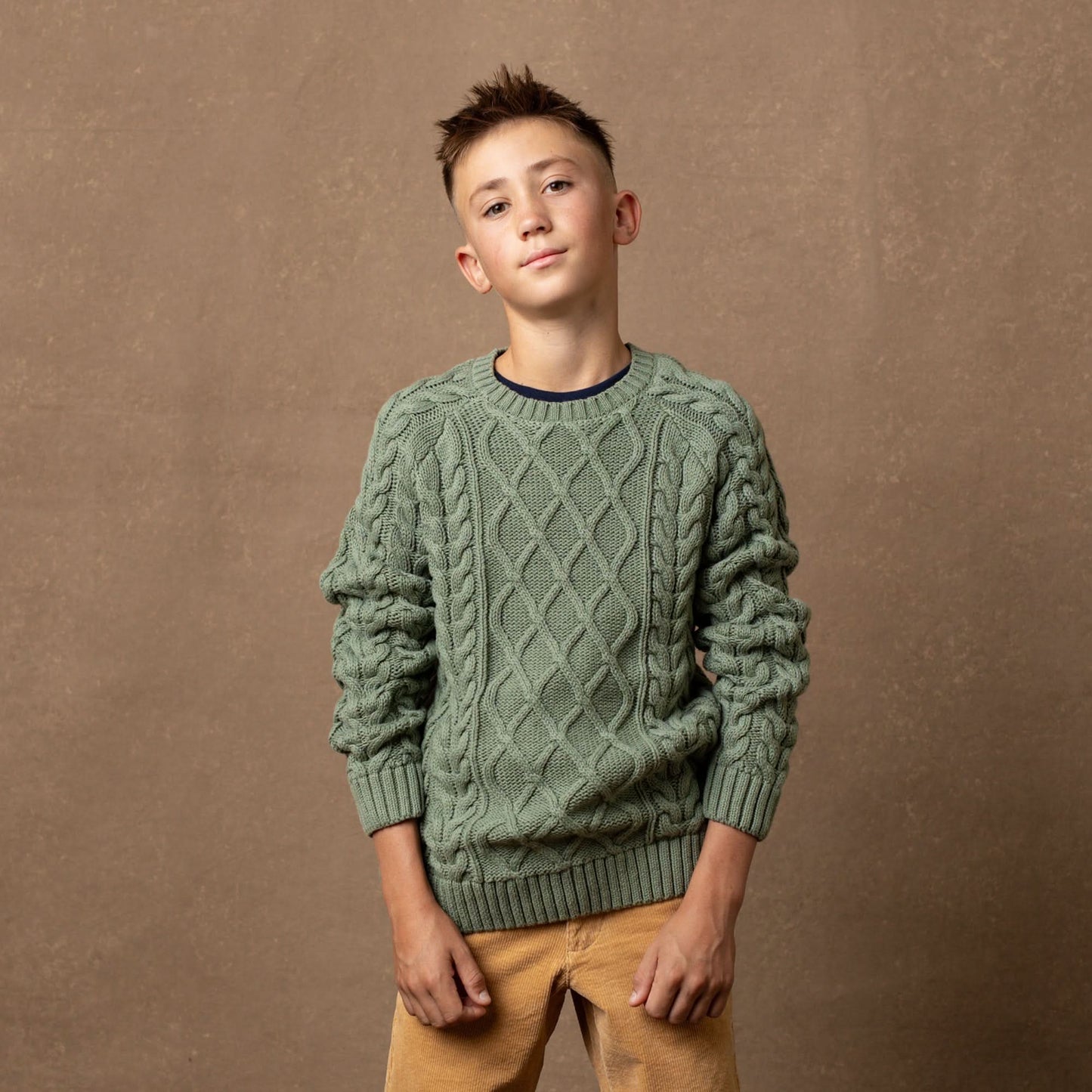 Hope and Henry Organic Raglan Fisherman Sweater – Sage Cable