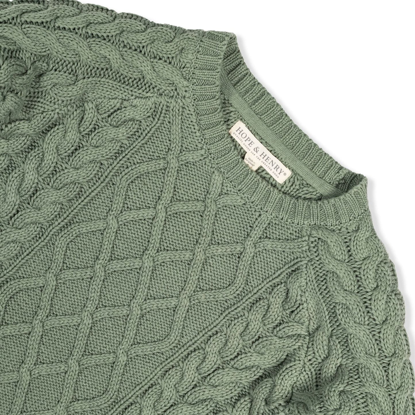 Hope and Henry Organic Raglan Fisherman Sweater – Sage Cable