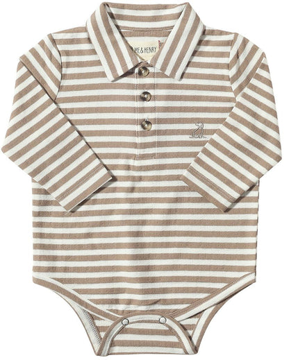 me and henry, beige and white, striped, long sleeve, polo, collared, shirt, onesie, baby, boy