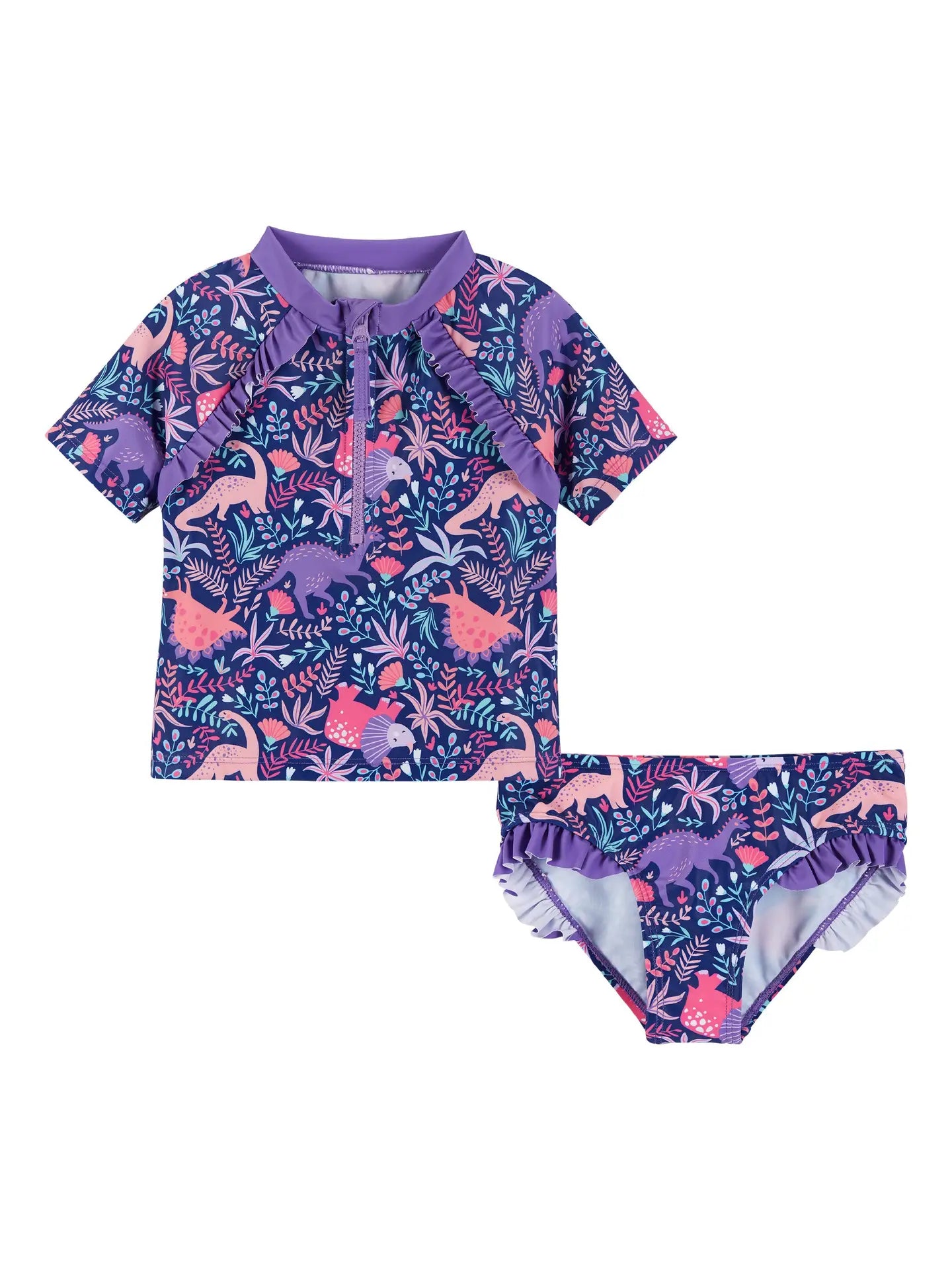 Andy and Evan Dino swimsuit girls rashguard, short sleeve, purple, pink, little girl, toddler, baby girl, ruffles