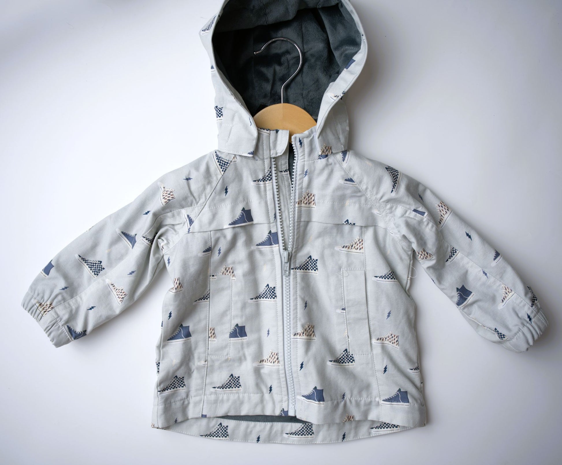 babysprouts, little boy, toddler, lined coat, jacket, fall, autumn, blue, sneaker print