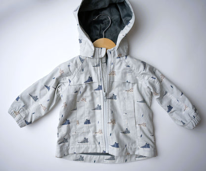 babysprouts, little boy, toddler, lined coat, jacket, fall, autumn, blue, sneaker print