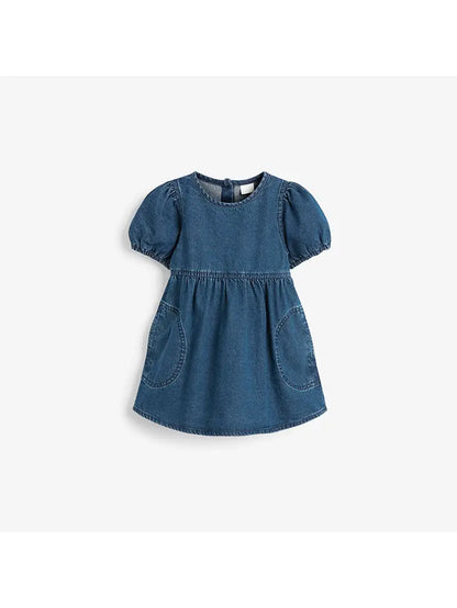 Denim girls dress with puff sleeve and pockets dark denim