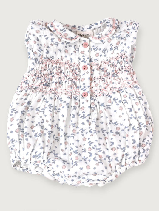 viverano Sophia floral smocked bubble romper with collar and button detail pink and blue floral design smocked detail