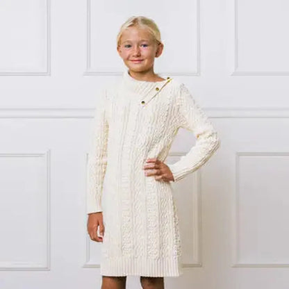Hope and Henry Split Neck Cable Organic Sweater Dress – Ivory Braid Cable