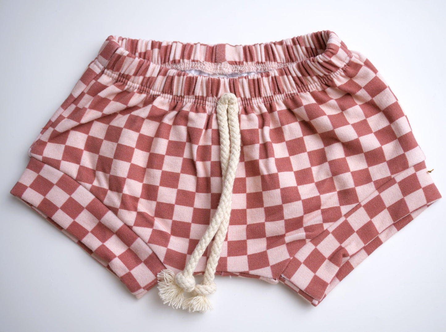 red pink strawberry checkered girl's shorts summer drawstring
