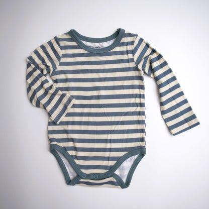 baby boy, onesie, long sleeve, teal, blue, stripe, bamboo cotton