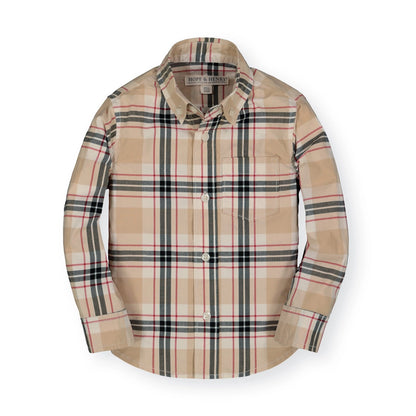 hope and henry, tan, black, red, plaid, christmas, baby boy long sleeve dress shirt