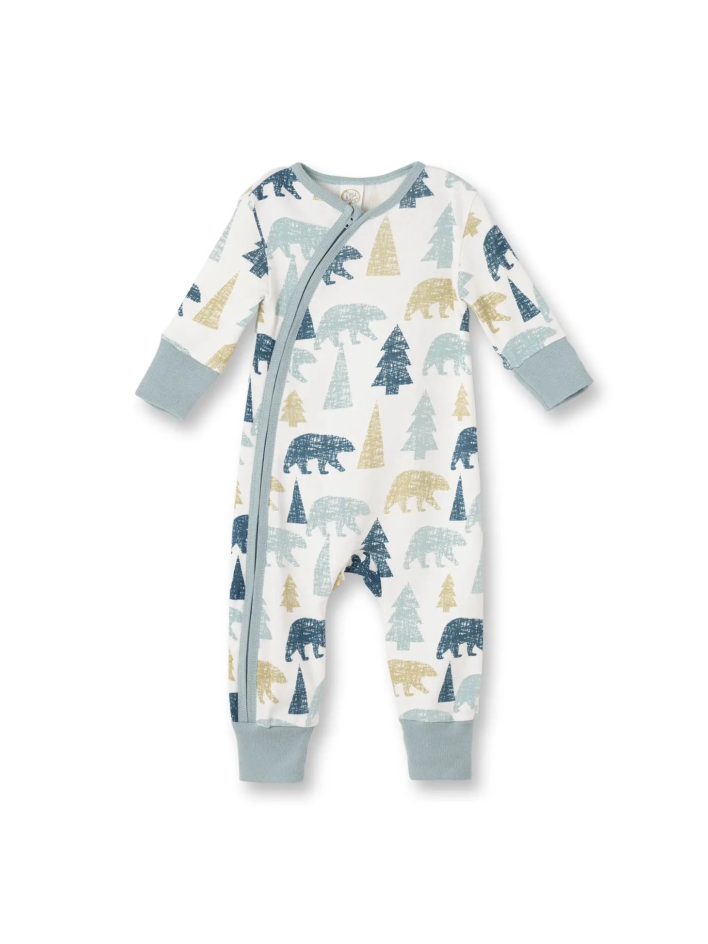 bamboo cotton pjs zipper pjs bears teal and cream 
