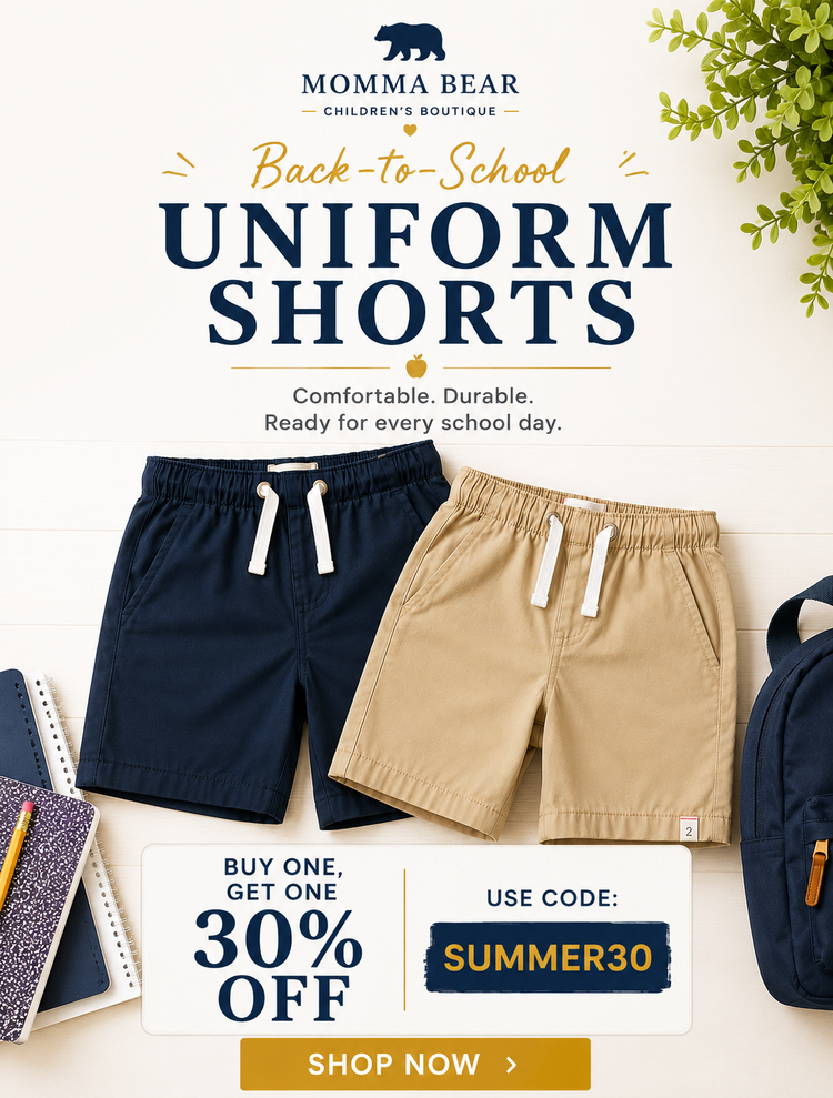 Back-to-school boys' uniform shorts in navy and stone with a buy one, get one 30% off promotion using code SUMMER30 from Momma Bear Children's Boutique.