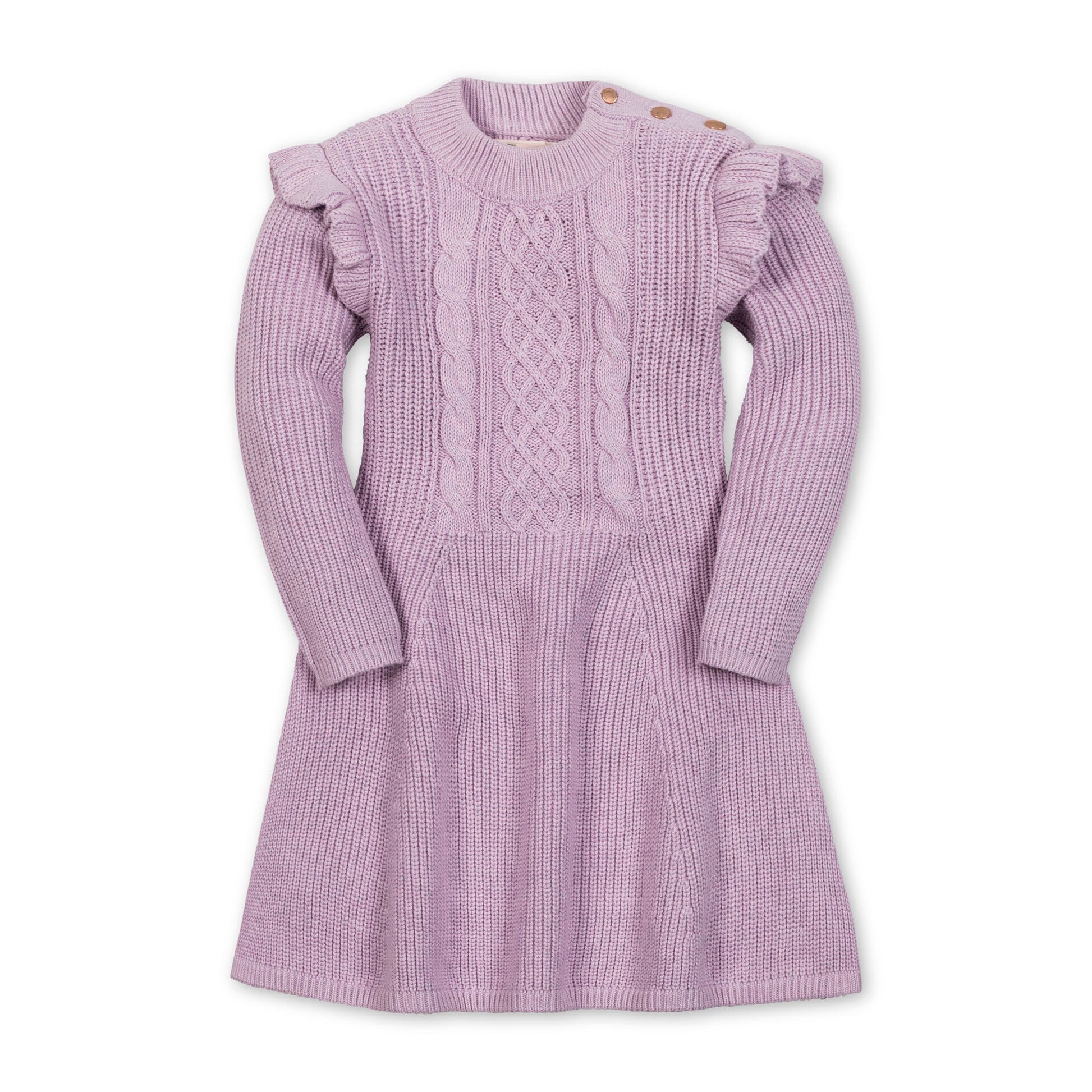 Purple knitted dress with ruffled shoulders on a white background