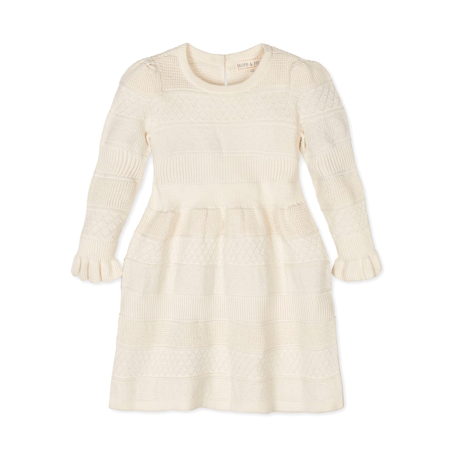 cream colored sweater dress Hope & Henry Girls' Organic Long Sleeve Ruffle Cuff Sweater Dress, Ivory Textured Stripe, 8