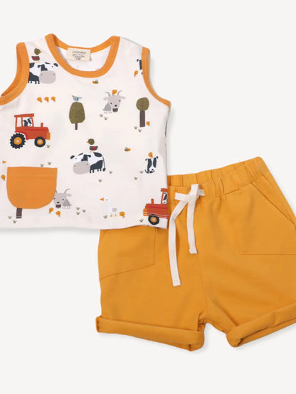 Viverano Organics baby playsuit set with a farm animal print, including a sleeveless tee and shorts in orange, with a white sash tie at the waist.