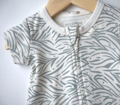 Makemake, blue waves, zipper, romper, with short sleeves and shorts, organic cotton