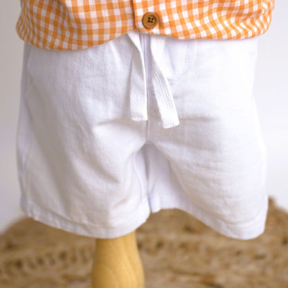 Me & Henry white twill shorts with an elastic waist and drawstring
