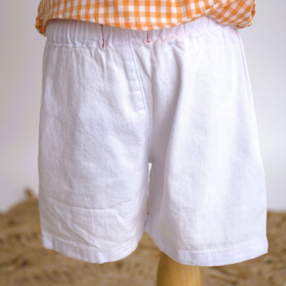 Me & Henry white twill shorts with an elastic waist and drawstring
